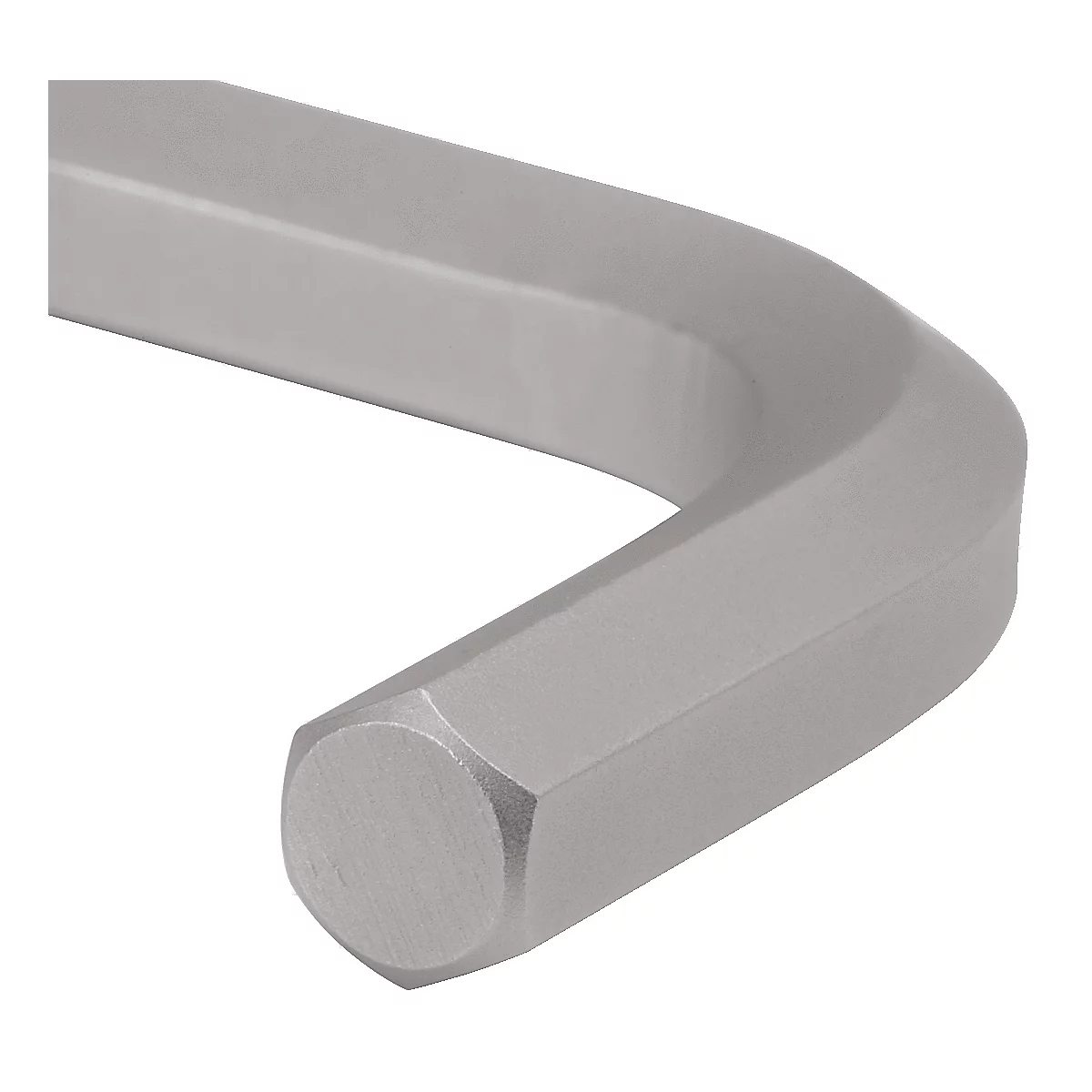 Nahaufnahme eines grauen Inbusschlüssels mit sechseckigem Kopf.